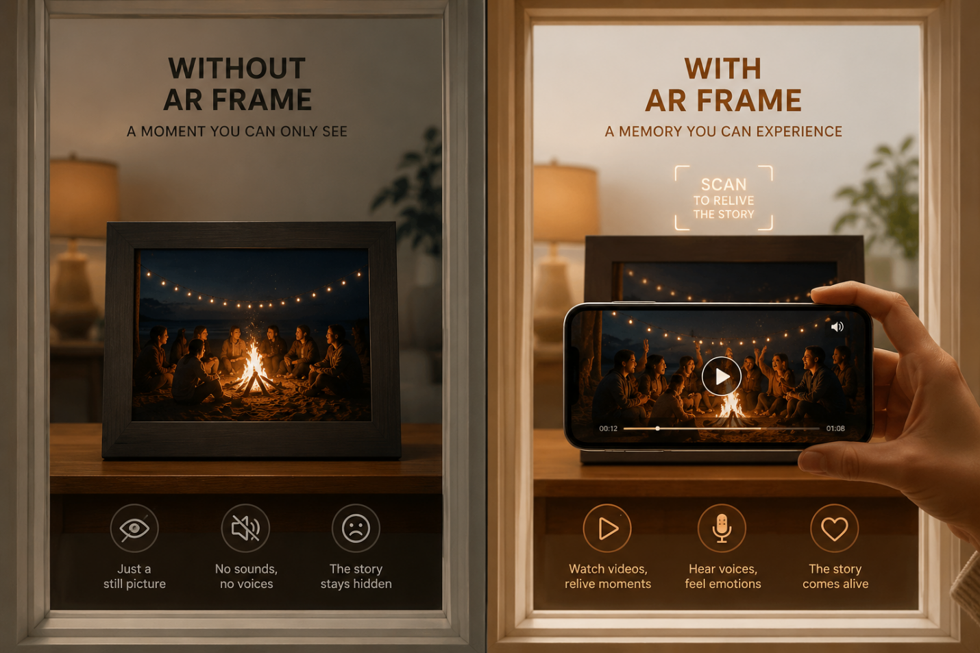 Comparison of a static photo versus an AR-activated living memory