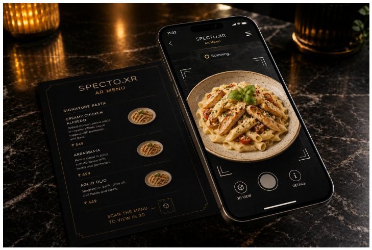 Customer previewing a 3D dish through Specto XR's AR restaurant menu