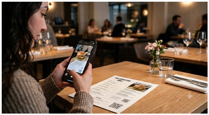 AR menu interface showing a realistic 3D plated dish on a restaurant table
