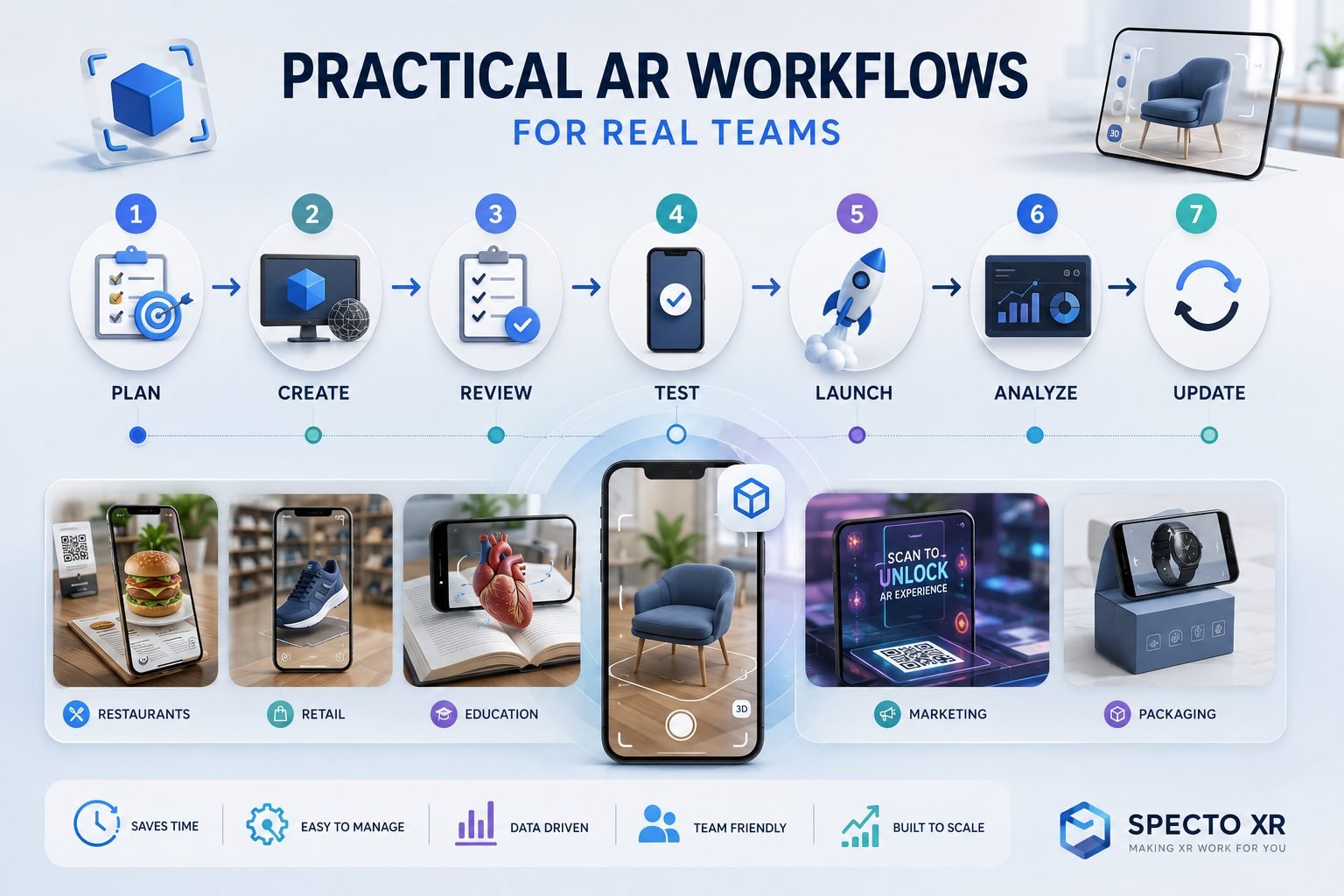 Team planning an augmented reality workflow around a table with devices