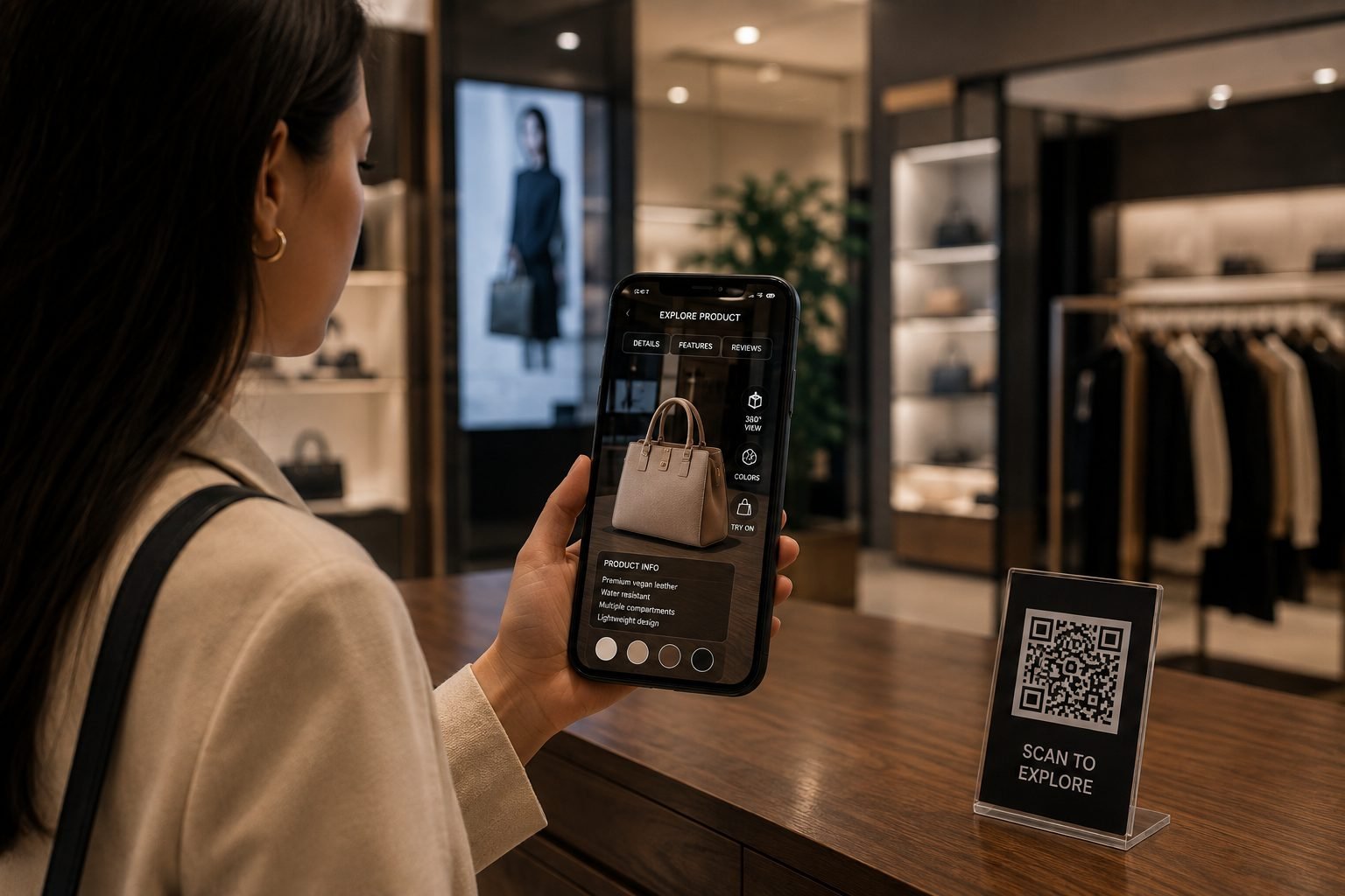 Shopper scanning a handbag with AR product details on a phone screen in-store