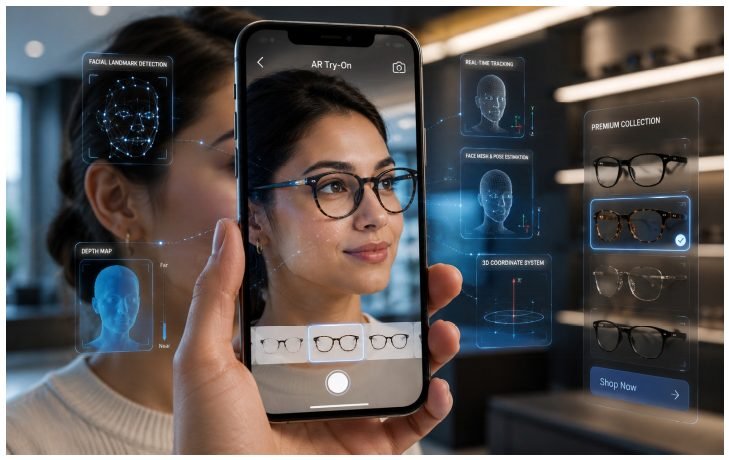 AR try-on app interface showing multiple eyewear frame options